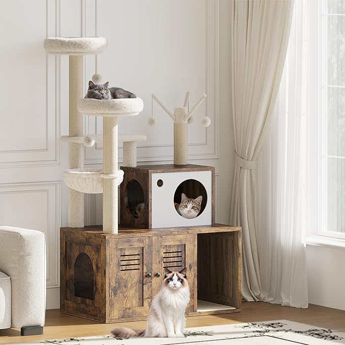 Furniture Style Cat Tree Tower & Hidden Litter Box Cabinet Combo – Multi-Level Cat House with Sisal Scratching Posts, Perch & Luxury Hammock