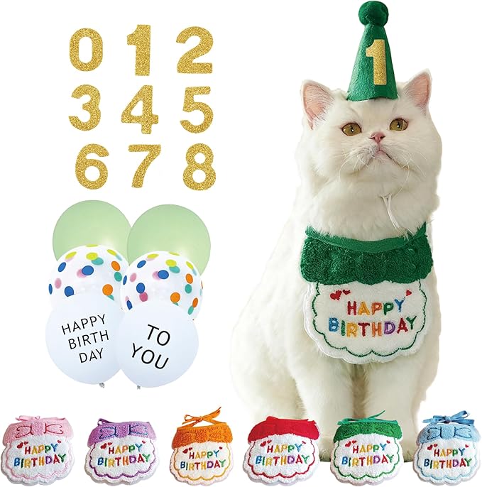 Reusable Cat Birthday Decorations Set - Adjustable Cat Birthday Hat & Bandana with Age Numbers | Kitty Celebration Kit for Memorable Milestones（Green）
