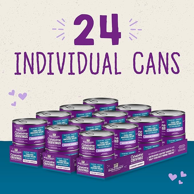 Stella & Chewy's Carnivore Cravings Savory Shreds - Wet Cat Food - High-Moisture Formula with Wild-Caught Tuna & Mackerel - Perfect for Picky Eaters - 2.8 oz, 24 Count