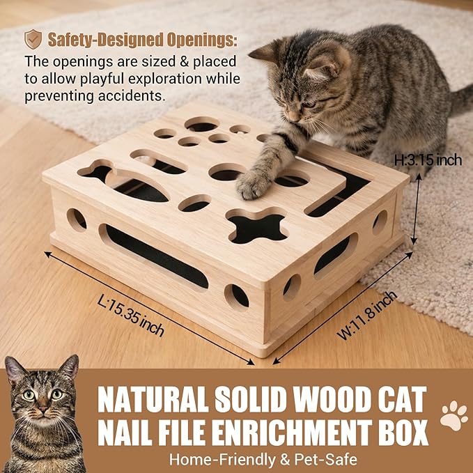 Cat Scratch Puzzle Enrichment Box, Smooth Solid Wood Cat Nail File Enrichment Box with Built-in Sandpaper, Cat Nail File Box Stress Free Alternative to Clippers & Grinders(No Bell Ball) (Large)