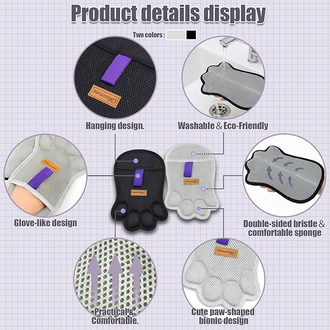2PCS Paw Shape Pet Hair Removal Glove for Dogs & Cats, Reusable Electrostatic Lint Remover Brush for Couch, Carpet, Clothing, Bed, Car Seat, Upgraded Design（Gray）
