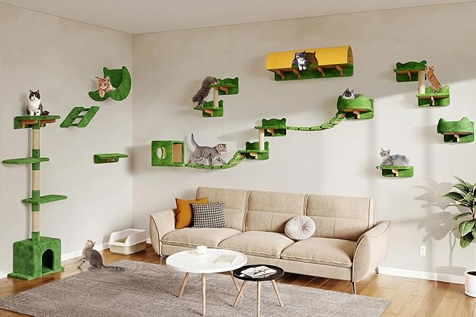 Cat Wall Shelves, Wall Mounted Pet Shelf Furniture w/Plush Fabric(26 Piece Set), 63''H Cat Tower w/Scratching Posts, Cats Furniture with 40''L Tunnel, Condos, House, Steps and Ladder, Green