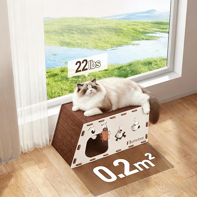 Interactive Felt Cat Tunnel for Indoor Cats with Catnip Toy, Modular Cat Cave House for Scratching, Play, Hiding & Sleeping, Durable Washable Cat Condo for Large Cats Up to 22LB, Cream