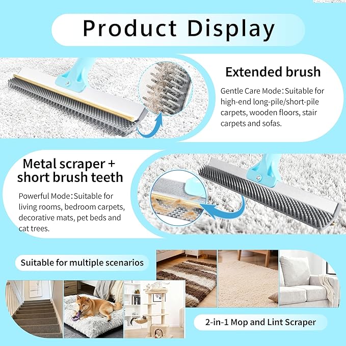 [Pet Days 2026] Lazyfeel Pet Hair Remover Rake - Adjustable 18-54" Pole, Double-Sided Rubber Brush for Carpet, Furniture, Stairs & Car,Includes Washable Pads, Handheld Brush & Wall Hook