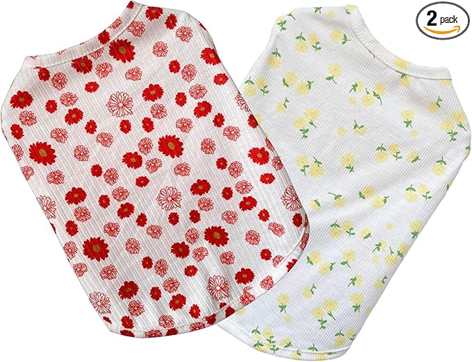 2PCS Summer Dog Cotton T Shirt Pet Tee Shirts Puppy Daisy Flower Prints Clothes Apparel for Small Dogs Cats