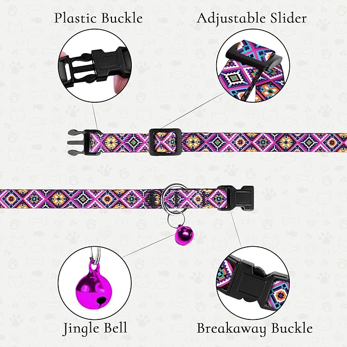 2 Pack Cat Collars with Bell - Breakaway Soft Collar for Girl & Boy Cats, Adjustable Safety Cute Kitten Collars – Comfortable Stylish Patterned Print Design Lightweight (Aztec + Serape)