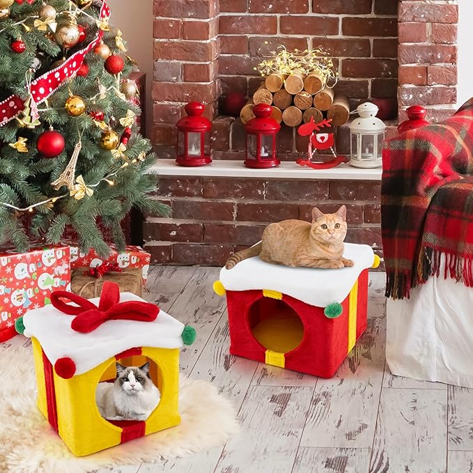 Tangkula Gift Box-Shaped Cat House, Christmas 2-Story Cat Condos, Stackable & Free Combination Kitten Tower, Soft Plush Covered Hideaway Cat Beds Caves for Indoor Kittens
