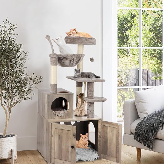 Timberer Cat Tree with Litter Box Enclosure, 2-in-1 Cat Tower for Indoor Cats, Large Wood Cat Condo with Basket, Scratching Posts, Pompoms, Grey