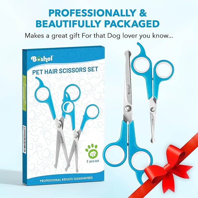 Boshel Razor-Sharp Stainless Steel Dog Grooming Scissors for Grooming Professionals at Home with Rounded Safety Tips, 2 Pack