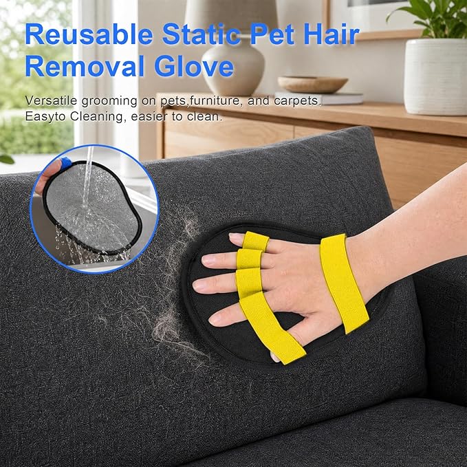 Upgraded Five-Finger Electrostatic Pet Hair Removal Gloves, Reusable Cat & Dog Hair Remover for Couch, Furniture, Carpet, Car Seat, Clothing - Magic Brush Pet Grooming Glove (Yellow)