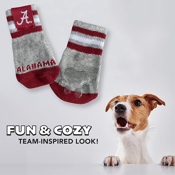 NCAA Alabama Crimson Tide Anti Slip Dog Socks with Elastic Ribbed Top, Size X-Small/Small. Indoor/Outdoor Socks, Best Dog Paw Protector, 2 Pairs of Pet Socks with Your Favorite Collegiate Sports Team