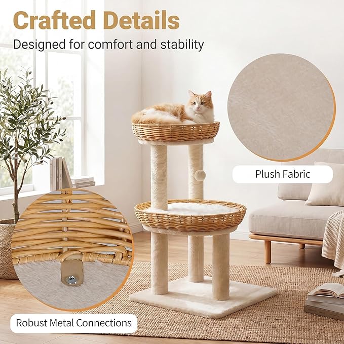 Tangkula Modern Cat Tree, 30 Inch Small Cat Tower with 2 Rattan Cat Baskets, Sisal Scratching Posts, Hanging Ball, 2 Large Nest Cat Beds with Removable & Washable Plush Cushions for Indoor Kittens