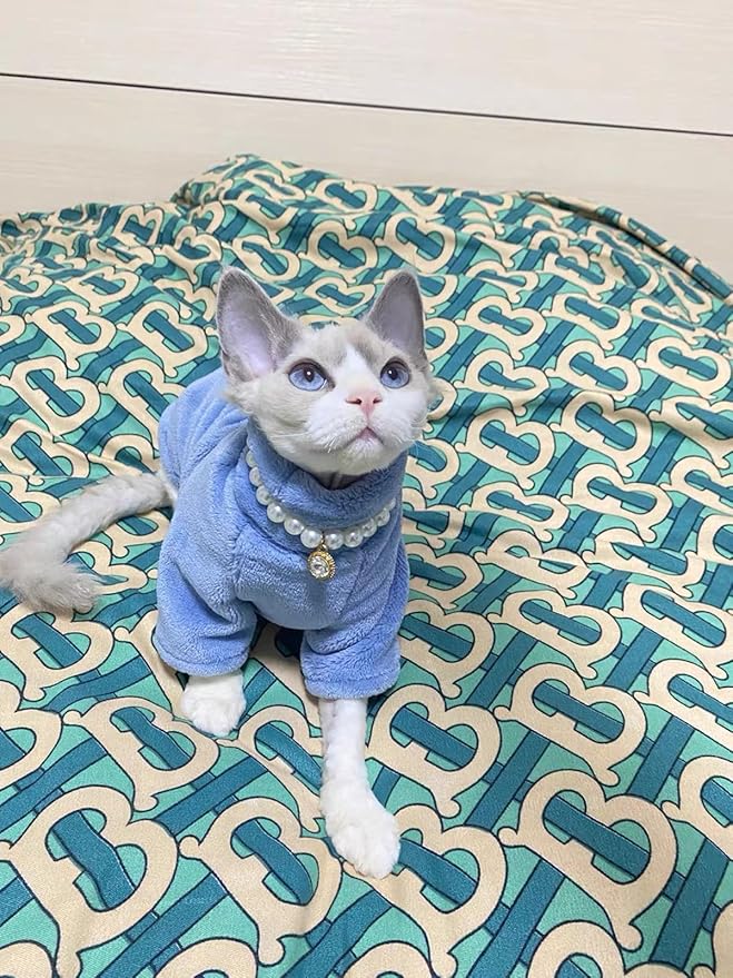 Sphynx Cat Clothes Winter Turtleneck Soft Coral Fleece Cat Clothes Thicken Warm Pajamas Coat for Hairless Cats and Small Cat Apparel with Sleeves (Haze Blue, XXL（12.7-16lbs）)