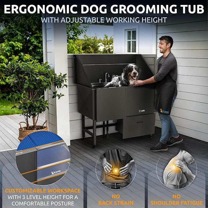 KANIS Professional Dog Washing Station 304 Stainless Steel Pet Wash Sink & Grooming Bathtub w/Shower, Floor Grates and Storage for Large, Medium & Small Pets (Black, 50 Inches, Left Ramp, 1 Drawer)