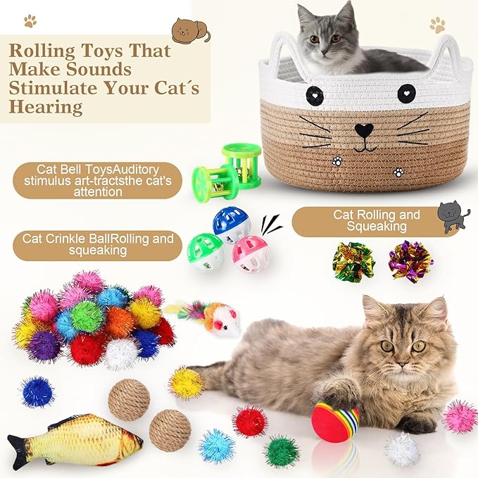 Zopeal 76 Pcs Graduation Cat Storage Basket Gift Toys Set Interactive Cat Toys Kitten Wand Colorful Flashing Balls Pet Crinkle Balls Attract Kitten to Swat, Hunt for Pet Indoor(Khaki)