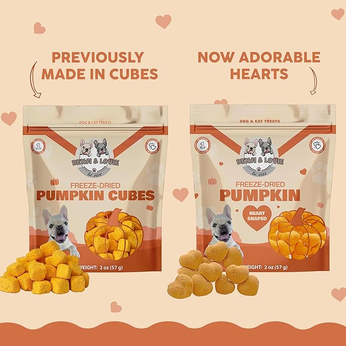 Benji & Louie Freeze Dried Pumpkin for Dogs and Cats, Heart Shaped - Natural Healthy Dog and Cat Treats, Single Ingredient, 2 oz