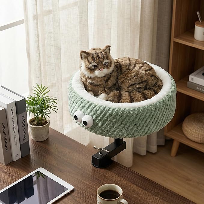 Cat Desk Bed, Height Adjustable 360° Rotating Desk Mounted Cat Bed, 2-in-1 Cat Desk Perch Hammock, Desk Cat Bed Attachment with Washable Cushion for Most Cats (Green)