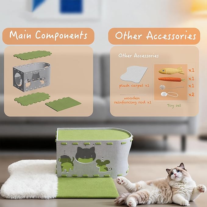 3-in-1 Large Cat House & Cat Tunnel for Indoor Cats - Foldable Felt Cat Cave Bed with Scratching Surface, Washable Mat & Toys - Sturdy Interactive Pet Condo Hideaway for Kittens & Small Dogs