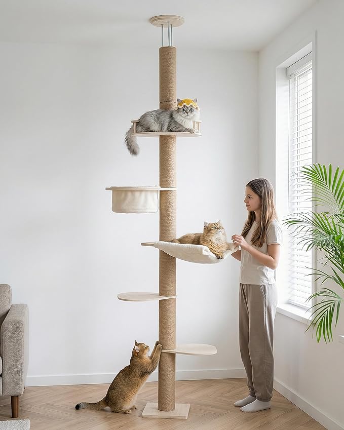Aechonow 9ft Floor to Ceiling Cat Tree for Large Cats, 5'' Deep Nest-Like Hammock for Indoor Kittens, 5-Tier Adjustable Cat Tower(76-108Inch), Beige