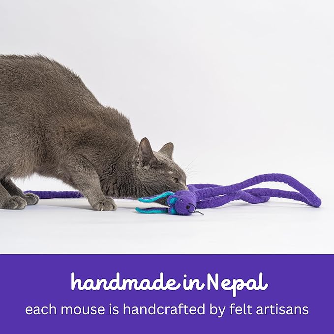 Catch a Mouse Wool Cat Toy with a 6-Ft Tail for Indoor Cats & Kittens. Cute Toy Mouse, Rat Plush Toy, Fake Mice. No Catnip. (Purple Dragon)