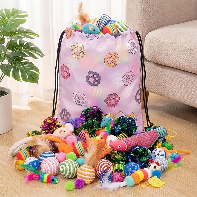 Leitee 100 Pcs Cat Toys Assortment with 1 Gift Storage Bag, Interactive Cat Play Set for Indoor Kitten, Colorful Springs, Mouse Toys, Chew Ropes, Balls, Bells & Sisal Ball