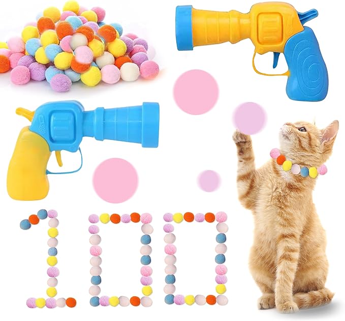 Cat Toy Ball with Launchers Set , Interactive Cat Toys with 2 Launcher & 100 Colorful Soft Pom Balls, Fun Pet Play Toys (Reinforced Edition) (100 balls & 2 launchers)