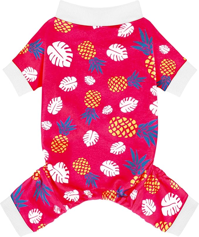 Paiaite 4-Legged Cotton Stretchable Jumpsuit Pjs: Pineapple Pattern Dog Pajamas - Lightweight Cozy Puppy Onesie Clothes, Comfortable Pet Sleepwear Jammies for Hair Shedding Coverage White Edge XS
