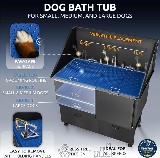 KANIS Professional Dog Washing Station 304 Stainless Steel Pet Wash Sink & Grooming Bathtub w/Shower, Floor Grates and Storage for Large, Medium & Small Pets (Black, 50 Inches, Right Ramp, 2 Drawers)