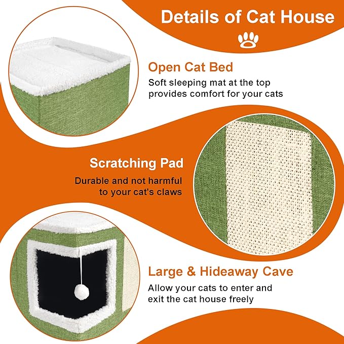 Loyareal Cat Houses for Indoor Cats - Large Cat Bed Cave with Scratch Pad and Fluffy Ball, Foldable Cat Condo Hideaway with Reversible Cushion for Multi Small Pet, Green