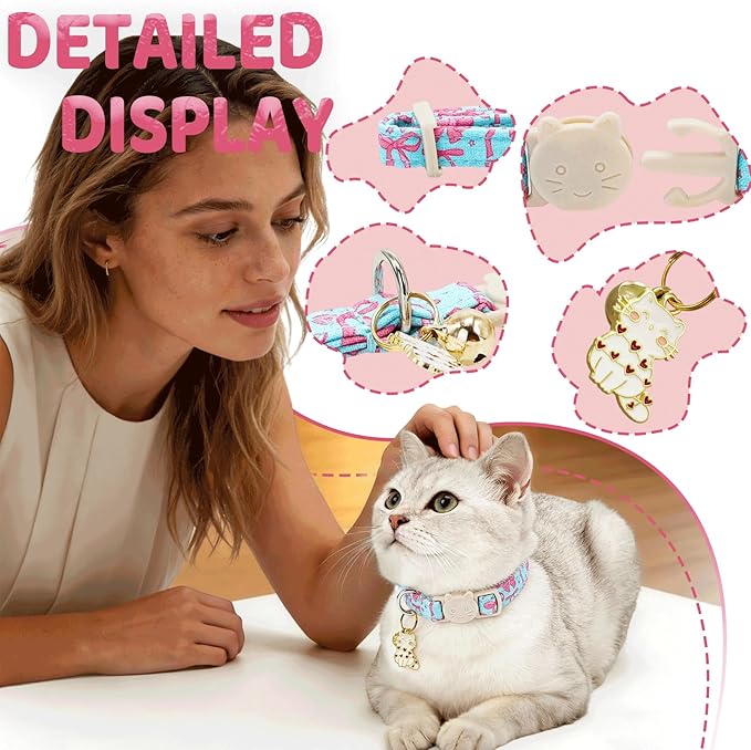 Elegant little tail 2 Pack Cat Collar- Spring Print Cotton Breakaway Cat Collars with Bell Pendant Kitten for Girl Safety Adjustable Collar for Small Cats Puppy