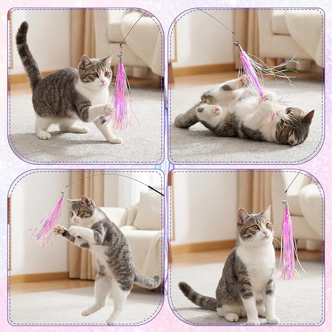 salbsever Cat Wand Toys, Colorful Cat Toys with Bells 31.5" Cats Teaser Wand and 4 Tassles for Indoor Cats Keeping Fit