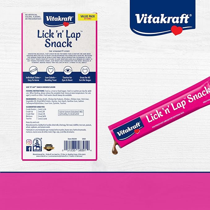 Vitakraft Lick 'n' Lap Snack Creamy, Cat Treat with Real Chicken, 4 Count