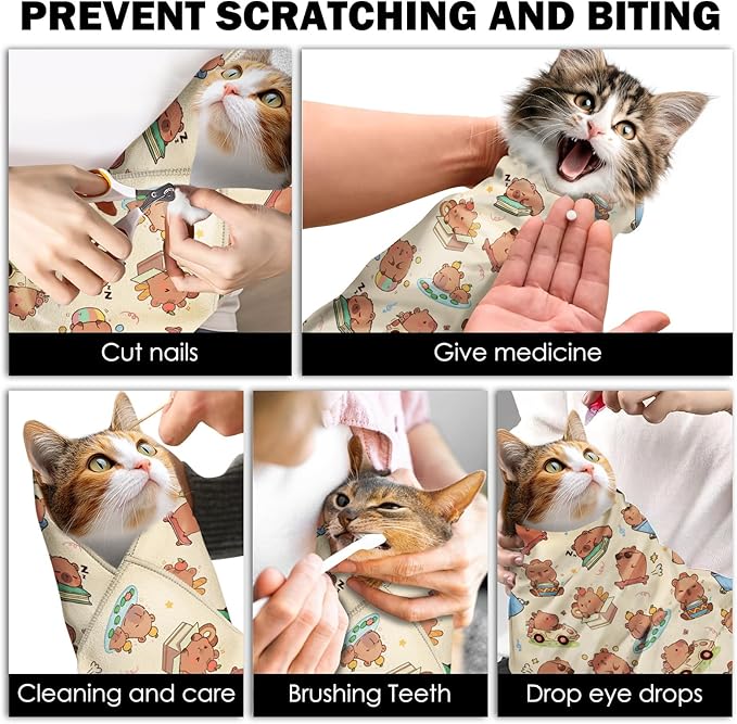 27.6"Cat Grooming Wrap, Self Adhesive Cat Wrap for Cutting Nails, Anti-Escape Calming Cat Swaddle Wrap for Medicine Ear Cleaning, Anti-Scratch Cats Burrito Restraint Blanket, Pet Tool (6-10 lbs)