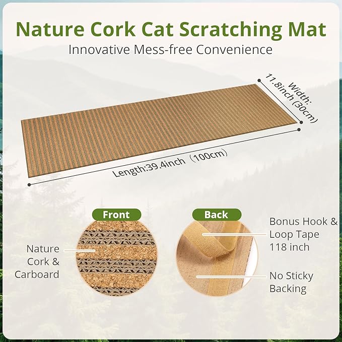 Natural Cork Cat Scratcher Mat with NO Preapplied Adhensive, Bonus 118inch Hook-Loop Tape. Cat Scratching Toy DIY, Replacement for Cat Tree, Post, Ramp and Wall Shelves (Oak Wood, 39.4 x 11.8 Inch)