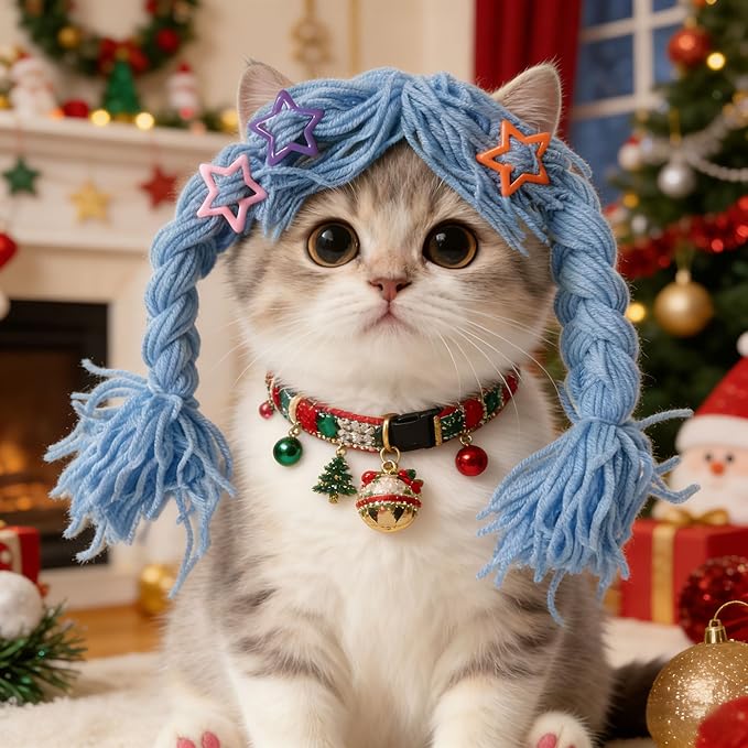 Cat Wig for Small Dogs & Pets, Cute Braided Yarn Costume, Funny Birthday Outfit Clothes, Soft Lightweight Accessory for Photos, Party Props and Daily Wear (Blue)