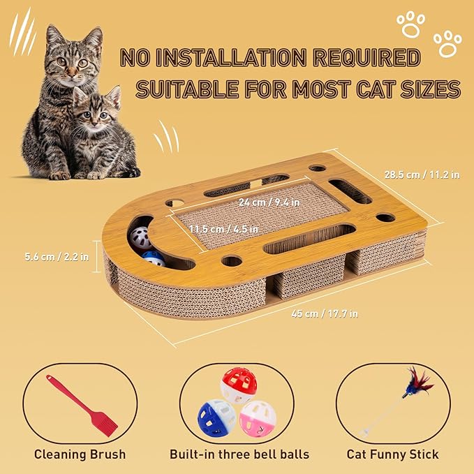 OHMU Cat Scratch Puzzle Enrichment Box, Cat Nail File Enrichment Box, Wooden Cat Puzzle Toy with Jingle Balls, Wands, Cleaning Brush for Indoor Cats