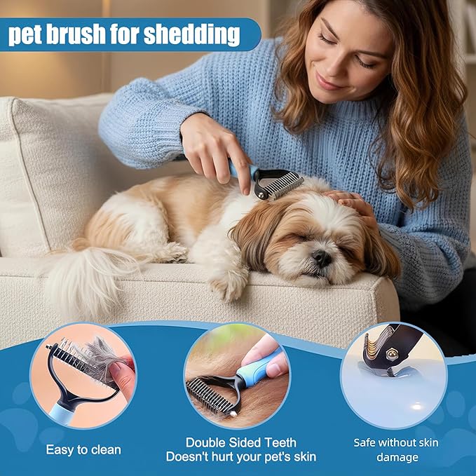 12PCS Dog Bath Kit & Dog Brush Kit for Dogs & Cats - Professional Pet Grooming Tools Set with Shedding Brush, Bath Scrubber, Dematting Comb & Storage Bag - Complete Dog Washing Essentials, Blue