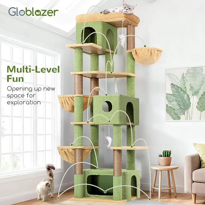 Globlazer Large Cat Tree, 80 inch Multi-Level Cactus Tall Climbing Tower Kitty Condos Cat Scratching Tower for Indoor Multiple Large Adult Cats Kittens with 3 Cat Caves, 3 Hanging Baskets, F80F, Green