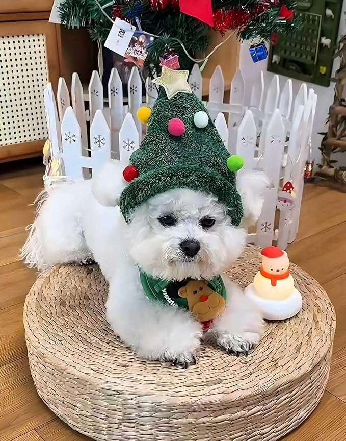 Christmas Tree Hat & Bib Set for Pets, Adjustable Dog Cat Costume with Pom-Pom for Xmas Party & Photos(S)