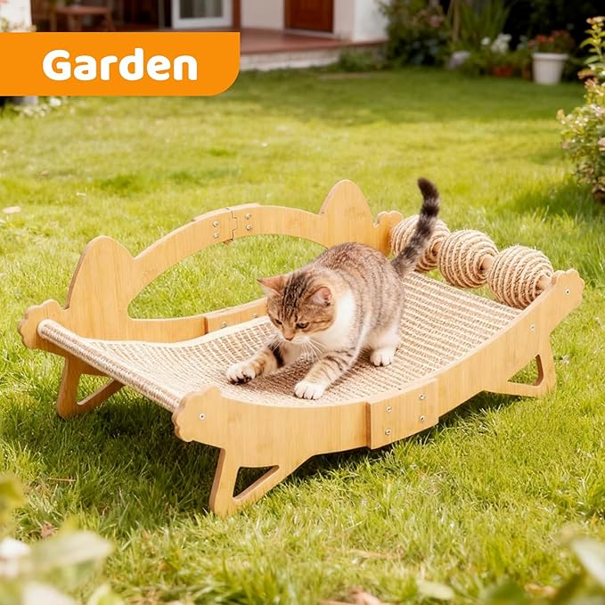 TIMIEEYA Cat Scratcher Bed, 3-in-1 Cat Scratching Pad with Hammock & Ball, Natural Sisal with Solid Wood Frame Cat Scratch Post for Indoor Cats Lounger & Sleep & Scratch