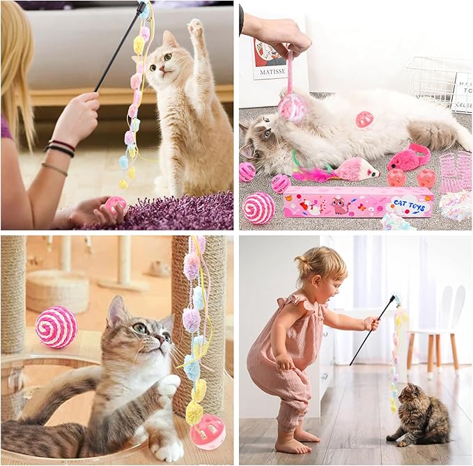QUOZUO 16Pcs Cat Toy Set Pink Kitten Toys Pack Including Feather Teaser Interactive Wand Cat Springs Mice Crinkle Balls and Pet Bell Balls Toys for Bored Indoor Cats, Gift Box Styles (Pink)