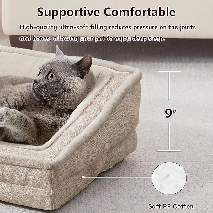 Laojin Balhen Cat Couch for Pets, Washable Cat Beds for Indoor Cats, Super Soft Plush Supportive Dog Couch Bed for Puppy and Kitten with Anti-Slip Bottom, 26inch, Beige