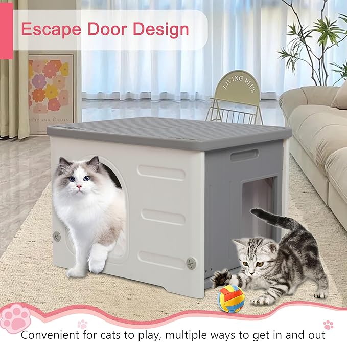 Plastic Cat House for Outdoor Indoor, Waterproof Outdoor Cat House with Escape Door for Feral Cats Outside Cat Shelter for Small Pet, Spacious, Assemble Easily -Grey Basic Style