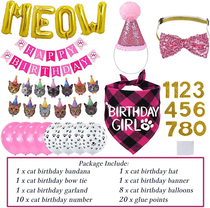 STMK Cat Birthday Party Supplies, Cat Birthday Hat Bandana Bow Tie Collar Number Banner Garland Meow Letter Balloons for Cats Kitten Outfits Decorations (Pink)