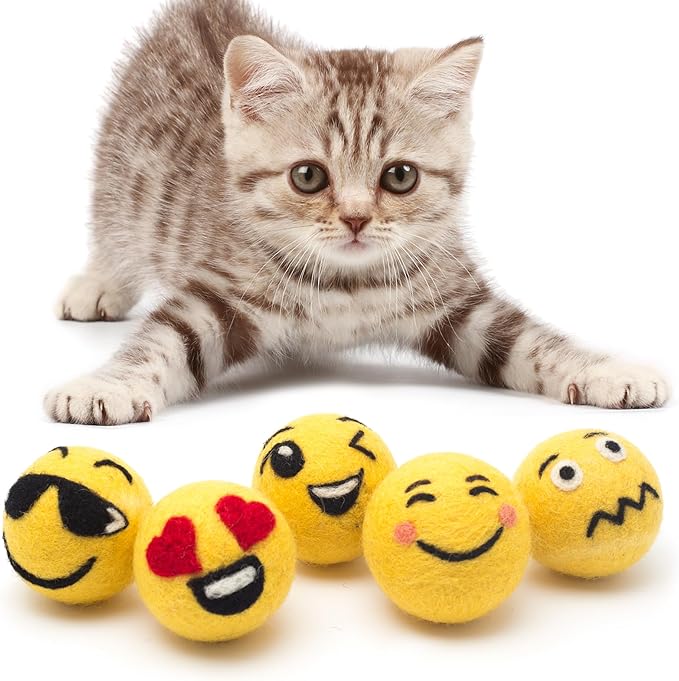 Glaciart One Wool Emoji Ball Cat Toy – 5 Pcs with Catnip - Soft Fuzzy Enrichment 100% Natural Felt Cat Toy - Interactive Play Set - Safe for Pets, Non-AZO Colored Dyes – 1.5”