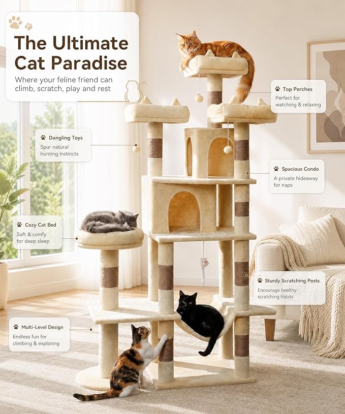 Heavy Duty Cat Tree for Indoor Cat, 71 Inch Large Cat Tower with Scratching Post and Top Perch, Hammock, Big Cat Condo for Adult Cats Kittens, PMT03BW, Beige