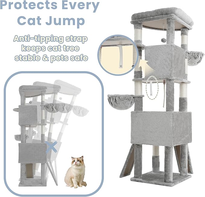 Cat Tree, 73-Inch Sturdy Corner Cat Tower with Wide Top Perch, Cat Furniture with 2 Spacious Condos, 2 Cozy Baskets, 2 Scratching Boards & Interactive Toy for Large Cat, Light Grey VCT021W