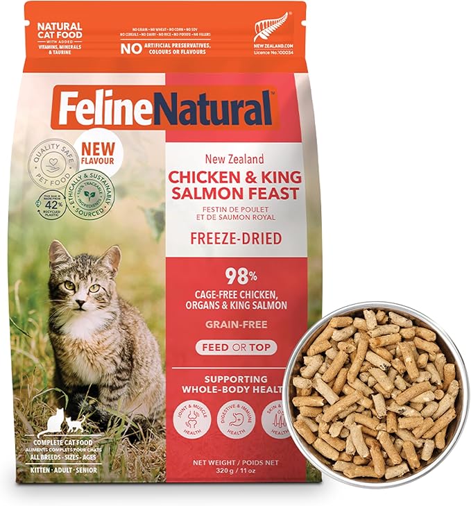 Feline Natural Freeze Dried Cat Food - Grain-Free and High Protein Cat Food from New Zealand, Complete Meal or Topper for Kittens, Adults, and Senior Cats, Chicken and King Salmon, 11oz