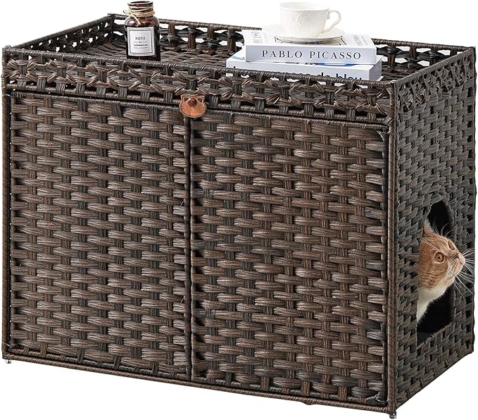 SETVSON Cat Litter Box Enclosure Furniture, Handwoven Rattan Hidden Litter Box with Mat, Large Space Cat House with 2 S-Shaped Hooks, 30.3 x 18.3 x 24.4 Inches, Indoor for Living Room Apartment Brown