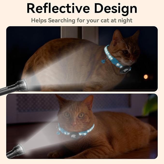 Meliya Airtag Cat Collar Breakaway with Bell, Adjustable Reflective Pet Kitten Collar with Apple Air Tag Holder Case for Girl Boy Cats (Footprints Blue)
